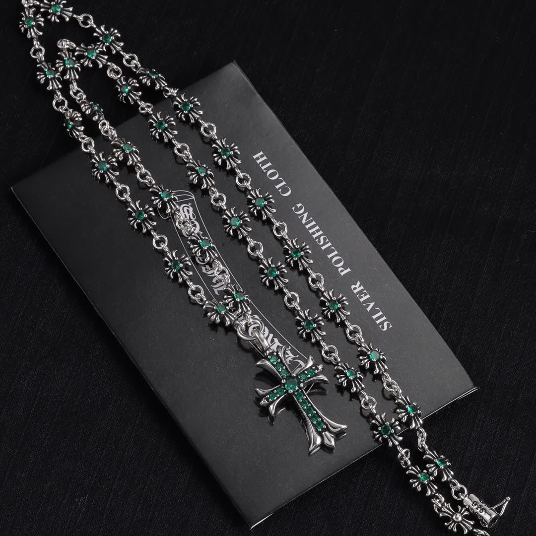 Chrome Hearts Silver Cross Pendant with Emerald Stones